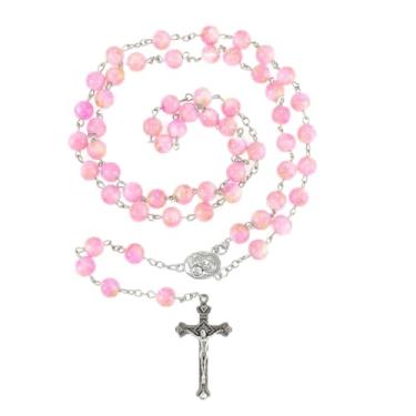 Imagem de Rosário de contas católicas para mulheres, colar feito à mão com imitação de rosário de pérola amarela rosa, presentes de primeira comunhão, presentes cristãos de cruz de parede