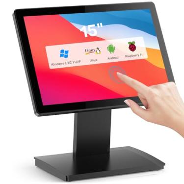 Imagem de NewHail Monitor POS com tela sensível ao toque de 15 polegadas, tela capacitiva HDMI/VGA com suporte de metal resistente para sistemas de varejo, restaurante, bar, academia, armazém e PDV