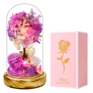 Imagem de dranmoner Cúpula de vidro iluminada por LED com rosas e hortênsias preservadas, 20 cm de altura, visor floral alimentado por bateria com base de madeira