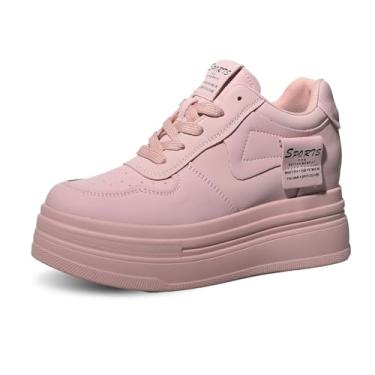 Imagem de JYSGYLT Tênis de plataforma feminino de 7,6 cm – Sapatos de couro branco grosso com salto de 5,5 cm e plataforma de 2 cm, calçado confortável de amortecimento para caminhar, tênis fashion casual