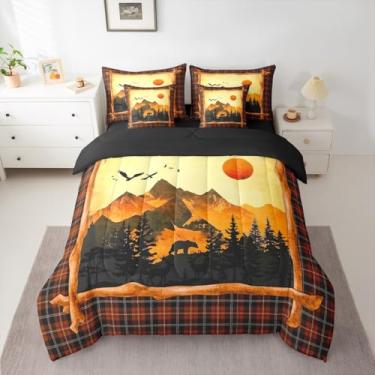 Imagem de Feelyou Jogo de edredom ocidental com 7 peças, Queen, urso, veado, para crianças, meninos e meninas, estampa xadrez, amarelo, preto, respirável, microfibra macia