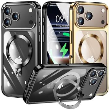 Imagem de [Anel de CD compatível com suporte invisível MagSafe] Capa magnética para iPhone 17 Pro Max, [amortecedor galvanizado que não amarela][parece um iPhone nu] Capa fina transparente com suporte para