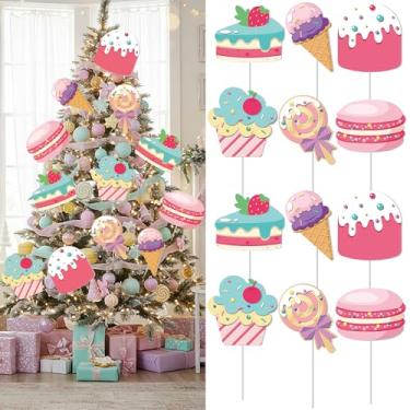 Imagem de Halloscume 12 peças de decorações de árvore de Natal doces pastel palhetas coloridas de bolo de Natal palitos de sorvete enfeites de macarons decorações de goma para vaso de árvore de Natal guirlanda