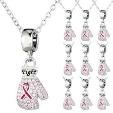 Imagem de Tondiamo 10 luvas de boxe luta contra o câncer de mama, fita rosa, pingente de cristal, 45,7 cm, colar com pingente de fita rosa, acessórios de conscientização do câncer de mama para mulheres