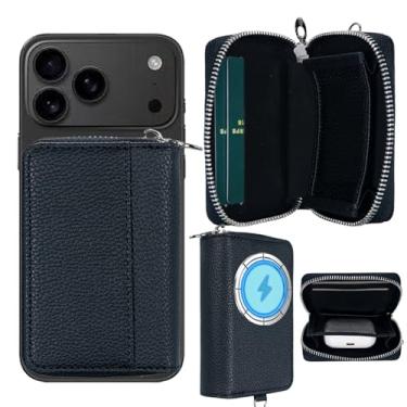Imagem de Magnético forte para bolsa carteira MagSafe/Pixelsnap, bolso com zíper grande capacidade para fone de ouvido/fone de ouvido/chaves de carro e mais, 3 compartimentos para cartão bloco RFID para iPhone