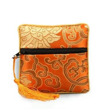 Imagem de Bolsa organizadora de joias de seda quadrada chinesa bolsa com zíper bordado flor bolsas de viagem bolsa de moedas embalagem pequeno presente, Laranja