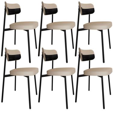 Imagem de Kit 06 Cadeiras Estofada Para Sala de Jantar Astrid Preto C01 Linho Areia Courino Preto - Lyam Decor