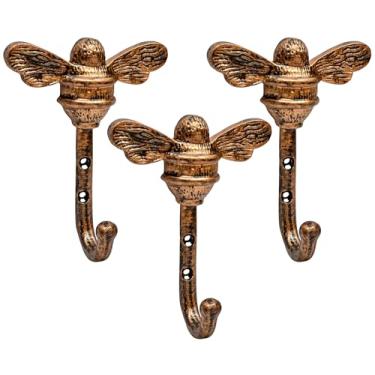 Imagem de AYZCORP Conjunto de 3 ganchos de ferro fundido em forma de abelha para decoração de arte de parede - cabides e porta-chaves em forma de abelha - cabide de roupas e mochila - ganchos para casaco
