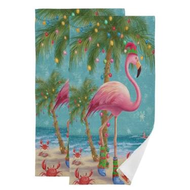 Imagem de Pfrewn Conjunto de 2 toalhas de mão de Natal e inverno tropical flamingo palmeira caranguejo toalha de banheiro 40 x 76 cm toalha de banho para hóspedes pendurada toalha de prato de cozinha decoração
