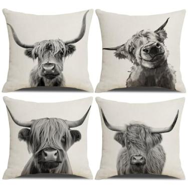 Imagem de NYDECOR Capas de almofada vintage Highland Cow Western Animal Farmhouse Fronha decorativa quadrada country fronha de algodão linho capa de almofada para sofá cama 18x18 conjunto de 4