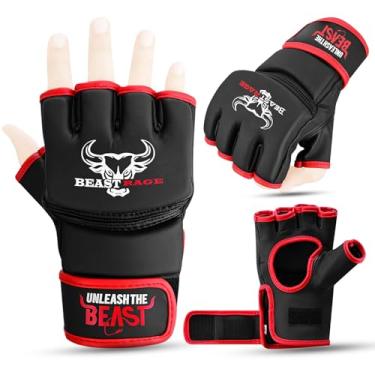 Imagem de BEAST RAGE Luvas de MMA para homens e mulheres, luvas de artes marciais, luta de palma, couro vegano, luta de gaiola, muay thai, kick boxing, saco de pancada, boxe, kickboxing (vermelho, GG)
