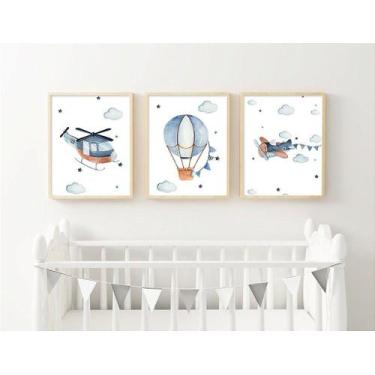 Imagem de Quadro Infantil Decorativo Menino Balão Avião e Helicóptero Aquarela -