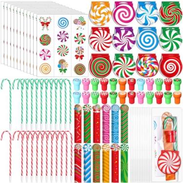 Imagem de Containlol 24 Pack Christmas Party Favors Gift Peppermint Candy Christmas Mini Notebook Candy Cane Pen Lollipop Sticker Xmas Goodie Bag Stuffers for Christmas Winter Holiday Prizes Stationery Set