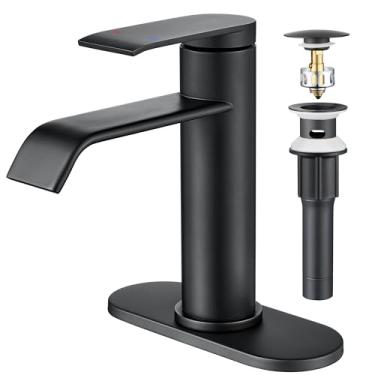 Imagem de GAGALIFE Torneiras de banheiro cachoeira para pia - torneiras de banheiro de alça única preto fosco para 1 ou 3 furos, torneira de vaidade moderna com deck, ralo pop-up e linhas de suprimento,