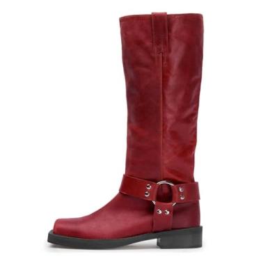 Imagem de ZJGZF Botas femininas de cano alto de couro com tachas de motociclista, bico quadrado, salto grosso, sem cadarço, botas largas de cano médio, sapatos de inverno bonitos e confortáveis, Vermelho, 38