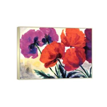 Imagem de Arte de parede em tela de flores reprodução de pintura famosa - imagens de moldura prateada para sala de estar - flores roxas e vermelhas - pôster e impressões 70 x 100 cm 27 x 39 pol