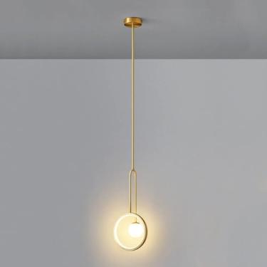 Imagem de Lustre em formato de anel de latão LED com três tons de luz simples - Luminária pendente de teto de luxo para decoração de sala de estar, quarto, lanterna suspensa de linha longa, luminária