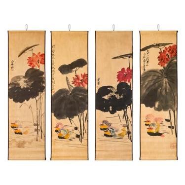Imagem de CIFIBIFUN Rolo de arte de parede de pintura moderna chinesa com 4 painéis, flor de lótus, flor de pato, reprodução vintage, 142 x 129 cm, moldura de madeira de papel para decoração de restaurante