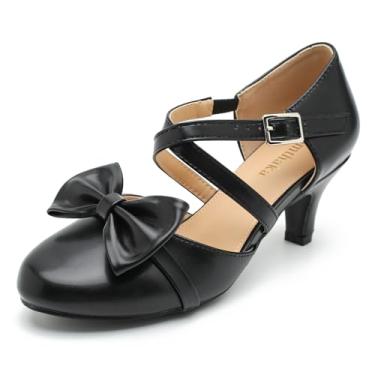 Imagem de Sapato social feminino Bow Mary Janes salto baixo gatinho bico fechado tira no tornozelo sapatos sociais confortáveis vintage casamento sapatos sociais, Poliuretano preto fosco, 38