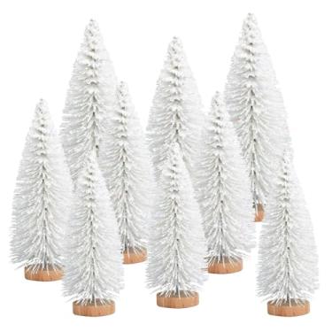 Imagem de 9 peças de mini árvore de Natal, árvore de Natal de mesa com bases de madeira, escova artificial para garrafas, árvores com 3 tamanhos, decoração de mesa de Natal, pincel para decoração de Natal (cor