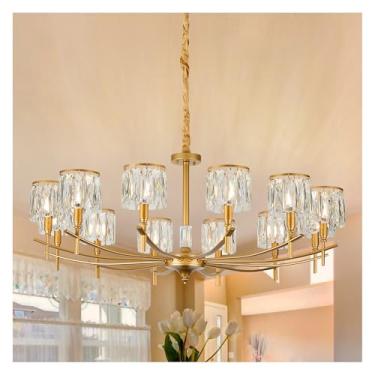 Imagem de Huaouou Lustre de roda de vagão de cristal dourado de 12 luzes, luminária pendente moderna de casa de fazenda de 12 cm para ilha de cozinha, sala de jantar, hall de entrada e sala de estar