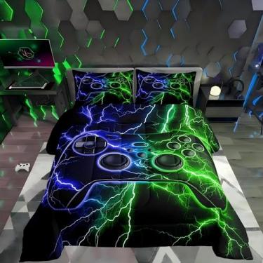 Imagem de Jogo de cama casal, para jogos de meninos, azul, verde, relâmpago, decoração de quarto infantil