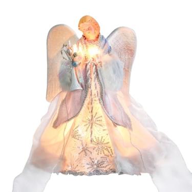 Imagem de MUMTOP Topo de árvore de anjo de Natal iluminado, estatueta de árvore de anjo de luxo de 30 cm em tecido azul branco com luzes para decoração de árvore de Natal em ambientes internos