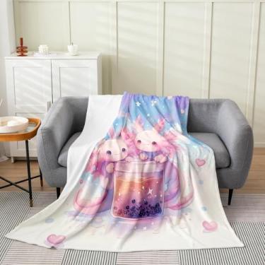 Imagem de Lindo cobertor de flanela infantil Axolotl, chá de leite, céu estrelado, cobertor de cama sonhador para meninas e mulheres, cobertor de lã animal oceânico submarino, cobertor felpudo azul rosa (127 x