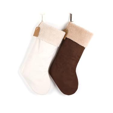 Imagem de Meias de Natal, pacote com 2 meias de Natal para pendurar 50 cm, faça você mesmo para a família, meias de tecido de camurça, decorações de lareira, ornamentos para férias de Natal para crianças em