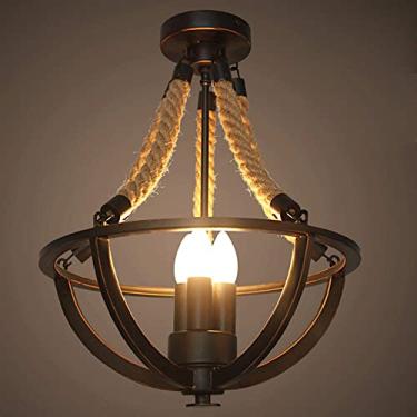 Imagem de YQSLQZZ Lustre de fazenda industrial de 3 luzes, luminária pendente de sala de jantar vintage americana, luz de teto de sisal semiembutida preta, para corredor, sala de estar, bar, cozinha ilha