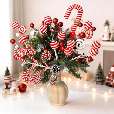 Imagem de 5 palhetas de árvore de Natal Candyland, enfeite de árvore de Natal vermelho e branco com glitter, palitos de pirulito encaracolados para decoração de festa de Natal