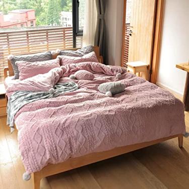 Imagem de Conjunto de capa de edredom de malha de flanela com pompom, conjunto de cama felpudo espesso, com zíper, respirável, ultramacio, para decoração refinada - rosa solteiro 150 x 200 cm (59 x 79 polegadas