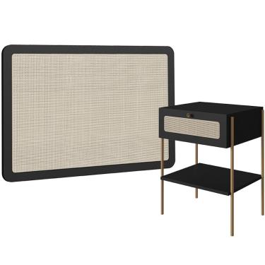 Imagem de Kit 02 Mesas de Cabeceira 01 Gaveta com Telinha Industrial Indy A03 Nero Dourado - Lyam Decor