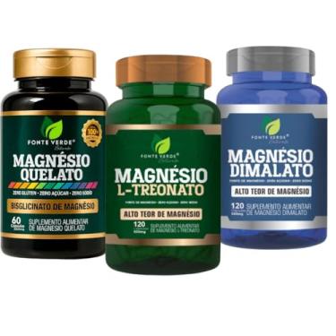 Imagem de Combo Magnésios Dimalato + L-Treonato + Quelato – Kit com 3 Frascos = 300 cápsulas - ORIGINAL