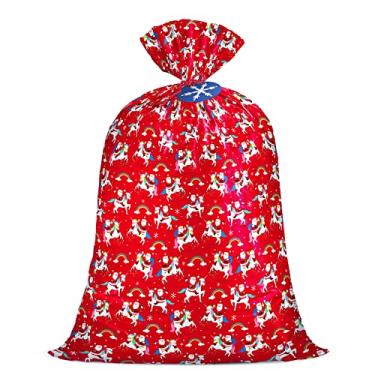 Imagem de WRAPAHOLIC Bolsa de presente de plástico grande de Natal de 142 cm - design vermelho de Papai Noel e unicórnio para férias, festas, comemorações ou qualquer ocasião - 142 cm A x 91 cm L