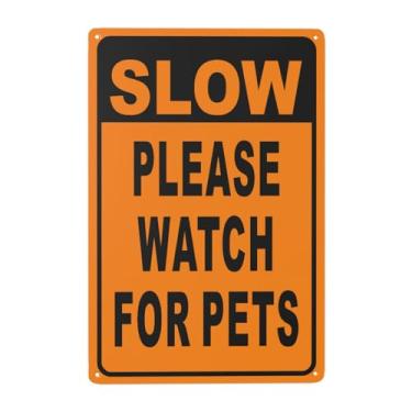 Imagem de Slow - Please Watch for Pets Yard Sign 30 × 20 cm, gramado de alumínio resistente, livre de ferrugem, lento para baixo, cães brincando, placas protegidas de pátio de cuidado de rua