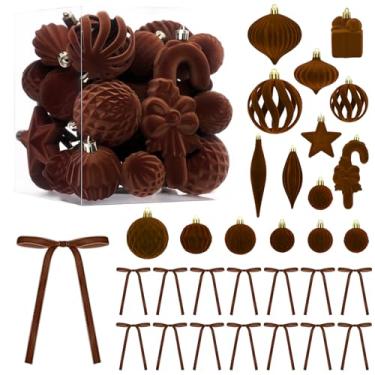 Imagem de DRANSMIC 48 bolas de enfeite de árvore de Natal de veludo marrom com laço incluídas 28 peças de várias bolas flocadas, 20 peças de decoração de laço de veludo, ornamento vintage para guirlanda de