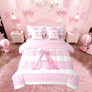 Imagem de Erosebridal Jogo de cama casal com laço rosa, 7 peças, letra A e laço com glitter, para decoração de quarto de crianças, mulheres, monograma, listras, cama em uma bolsa