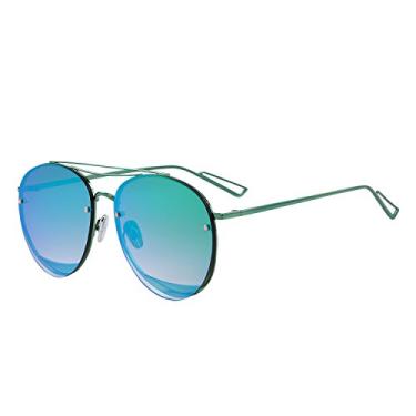 Imagem de Óculos de sol ovais femininos modernos com armação sem aro, óculos de sol femininos de luxo, Armação verde/lente espelhada verde, Lens Width: 62 Millimeters