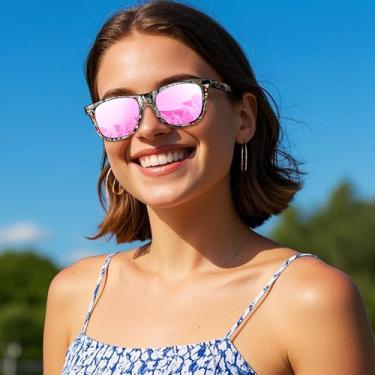 Imagem de Óculos de sol polarizados femininos masculinos unissex quadrados óculos de sol moda sunnies condução pesca SY6004, Armação floral | Lente rosa espelhada, Normal