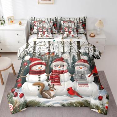 Imagem de Erosebridal Conjunto de cama casal de boneco de neve de Natal com desenho animado de Natal, 7 peças, fofo, boneco de neve em uma bolsa com lençóis, cardeal pássaro, esquilo, conjunto de edredom para