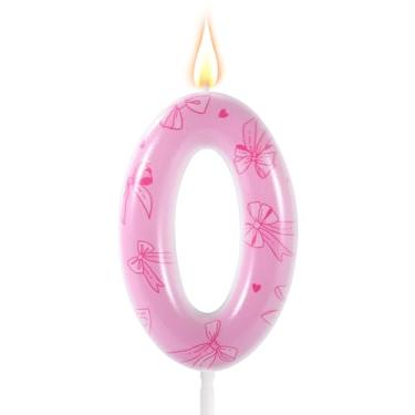 Imagem de Vela de aniversário com laço rosa, número com tema de laço elegante, enfeite de bolo de aniversário para mulheres, meninas, festas de casamento, chá de bebê, decorações de aniversário (número 0)