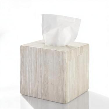Imagem de N NANSHOP Caixa de lenços quadrada de mármore travertino natural, capa de suporte de caixa de lenços, suporte com fundo aberto para bancada de cozinha, piões de banheiro, cômoda de quarto, bege