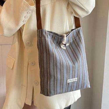 Imagem de Sacolas femininas listradas, bolsa de lona com cordão casual de grande capacidade para viagens e passeios, Cinza, Large, Moderno