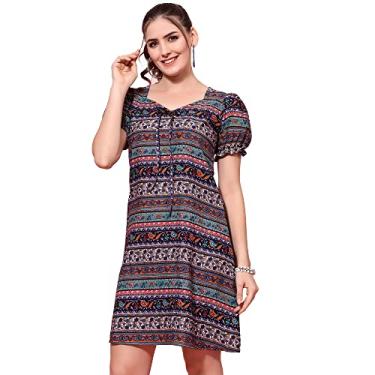 Imagem de OOMPH! Vestido feminino Western & Fusion Mini/curto em tecido crepe com gola U e mangas bufantes, Multicolorido 0, G