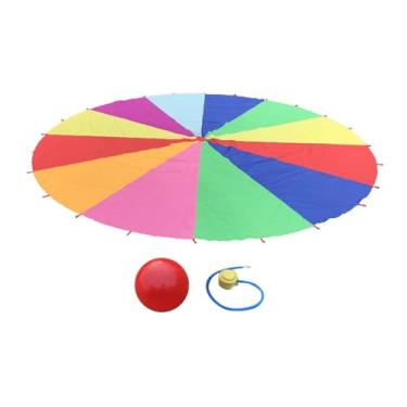 Imagem de Milageto Brinque de Paraquedas Arco-Íris Guarda-chuva Playground Desenvolvimento Integração Sensorial com Bola de Equilíbrio Brinquedo de Educação Infantil, 500 Centímetros