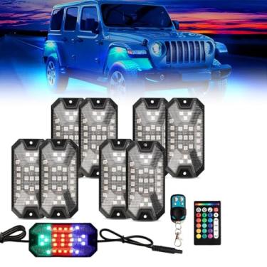 Imagem de GSOWO 8 kits de luzes LED RGB, [controle de aplicativo e modo de música] 27 luzes de LED para poço de roda, 5 lados de ângulo total, luzes de rocha externas multicoloridas para caminhões, Jeep Offroad