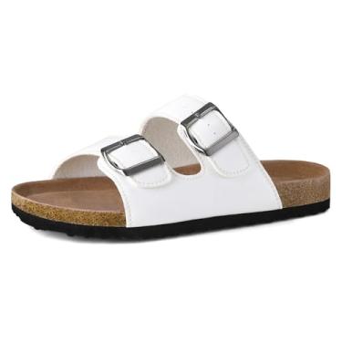 Imagem de mysoft Sandália rasteira feminina de cortiça com 2 tiras com fivela ajustável para o verão com sapatos confortáveis, Branco, 42