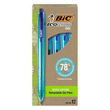 Imagem de BIC Canetas de gel de plástico Ecolutions Ocean-Bound, ponta média (1,0 mm), pacote com 12 unidades, canetas de tinta azul retráteis feitas de 78% de plástico reciclado oceânico, excluindo cartucho de