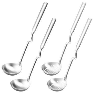Imagem de Conjunto de 4 colheres de concha de cozinha, aço inoxidável, composto por 2 colheres de sopa e 2 colheres com fenda, design de cabo longo, resistente à ferrugem, fácil de limpar, ideal para servir